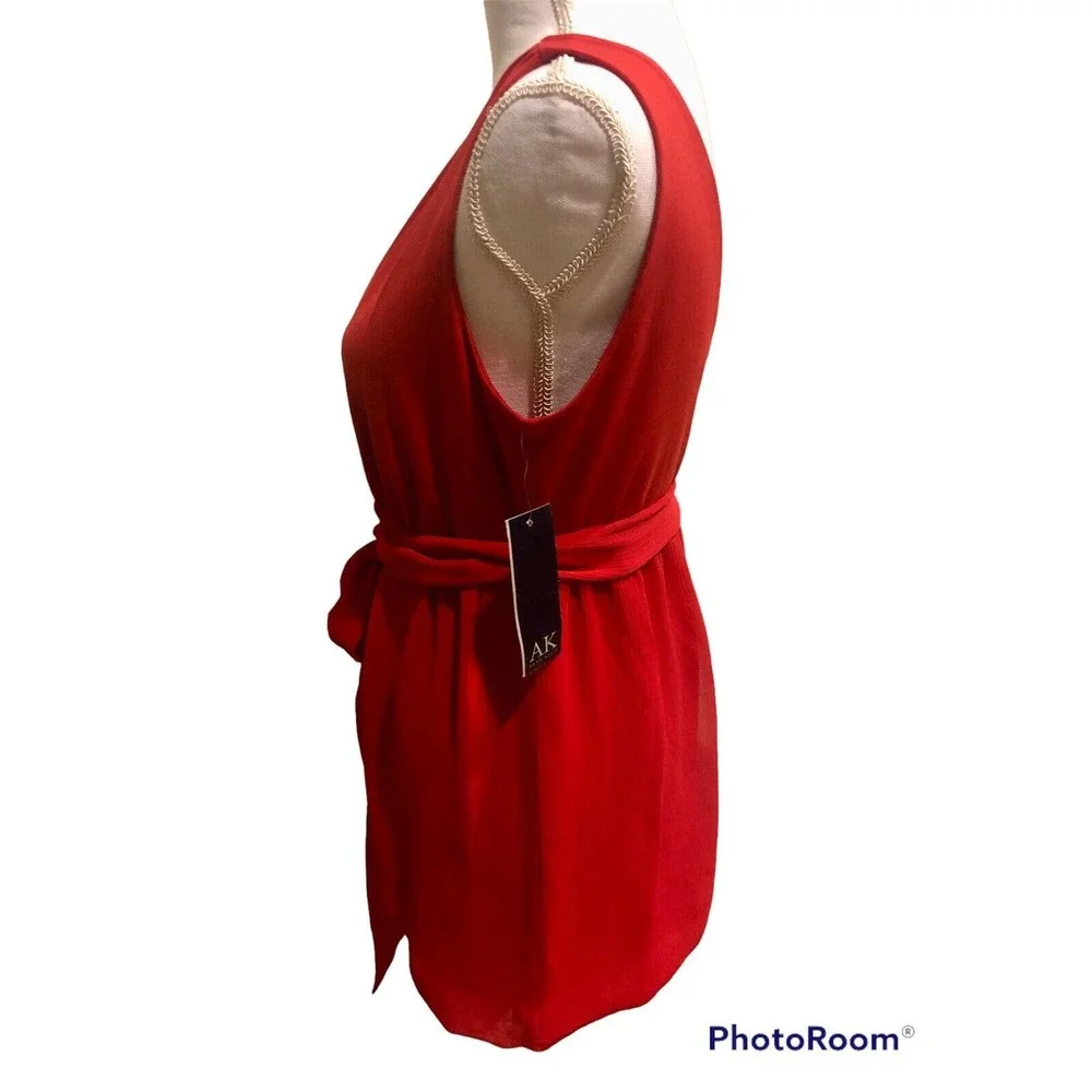 Anne Klein Womens Belted Sleeveless Blouse Top Red V Front & Back NWT Gorgeous S